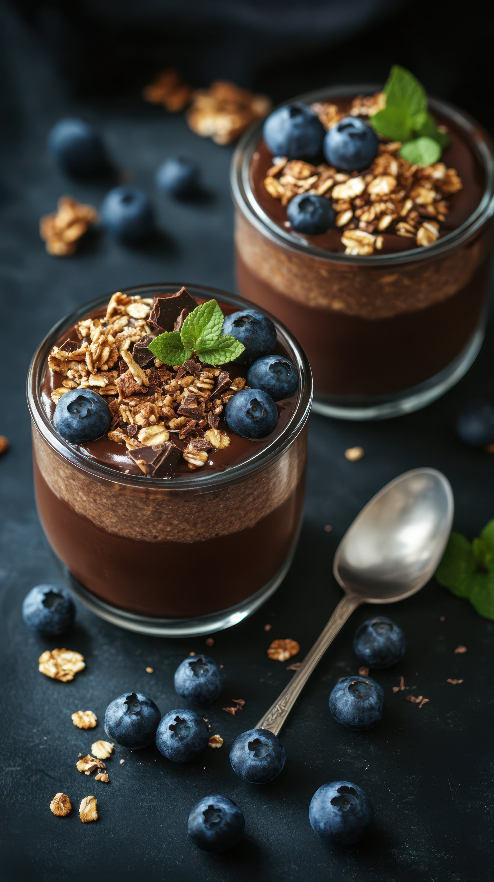 Delicious chocolate mousse topped with blueberries and granola served in glass cups